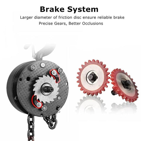 Manual Chain Hoist 1 Ton Capacity With 10 Ft Lift And 2 Hooks brake system detail with friction disc and gears.