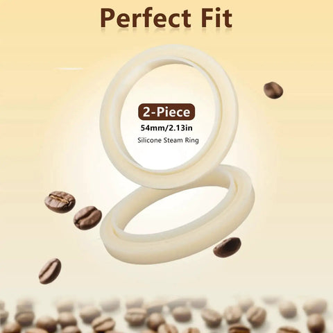 Two 54mm Silicone Steam Rings Replacement Gasket For 54mm Group Head Espresso Machines Easy Install Durable Food Grade Seals BPA Free Reusable No Mess shown with coffee beans
