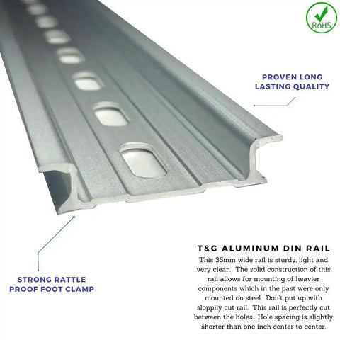 Close-up of Two Pieces DIN Rail Slotted Aluminum RoHS Compliant 10 Inch Long 35mm Wide 7.5mm High Heavy Duty Workhorse Mounting Rail