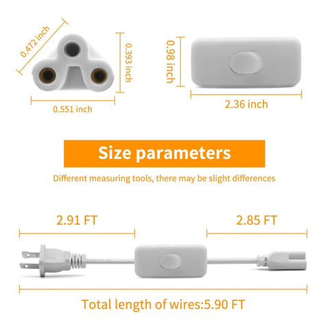 Six Foot T5 T8 LED Tube Power Extension Cable With On Off Switch 3 Pack For Integrated LED Light Fixtures 110 To 250 Volt Supports Up To 120 Watt 3 Pin Connector Plug And Play Safe Replacement Cable For Office Home And Garage Lighting showing dimensions and plug