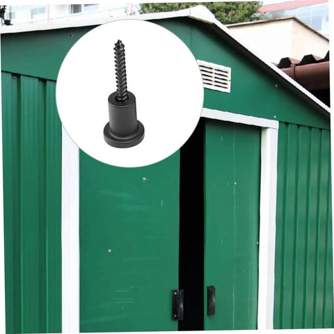 Sliding Barn Door Track Spacers Set With No Fuss Install Wall Hardware For Any Door Type Includes Pipe Clamps, Screws, And Expansion Tubes Heavy Duty Carbon Steel Mounting Kit shown inside and installed in a green metal shed.