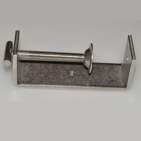 Side view of 304 stainless steel C-clamp with wide jaw, threaded bolt and 140mm handle, silver finish