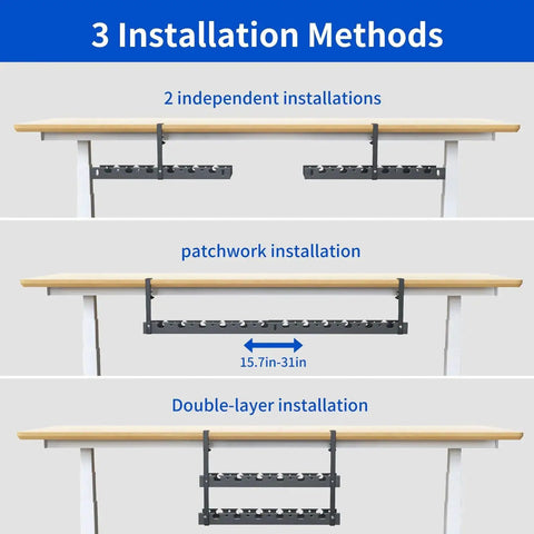 Three installation methods for extendable under desk cable management tray with clamp showing single, patchwork, and double-layer setups.