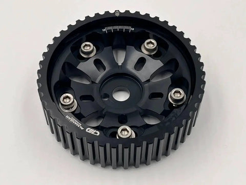 Front view of black Almanzar cam gear for 4G93 engine, aluminum with four silver mounting bolts.