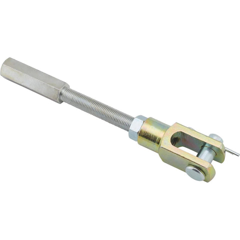 Bolt On Master Cylinder Clevis And Pushrod Kit Three Eighths Inch Fine Thread Clevis With Four Point Seven Five Inches Pushrod Length And Two Inches Clevis Includes Pin And Cotter Key For Brake Pedal Connection shown in side view.