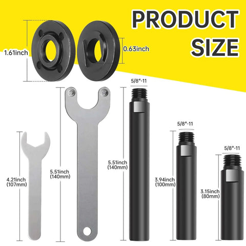 Angle Grinder Attachments Kit With 3 Extension Rods Three Inch Four Inch And Five Point Five Inch Plus Four Nut Sets And Two Spanner Wrenches Five Eighth Inch Eleven Thread Fits DeWalt Milwaukee Makita Bosch Grinders product size diagram showing nuts, spanners, and rods.