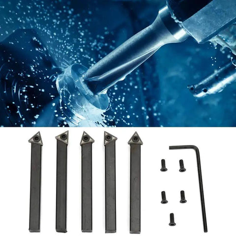 Pro Grade Five Pack One Quarter Inch Indexable Carbide Turning Tool Bits With Triple Cutting Edges For Lathe Machining Replacement Tungsten Carbide Inserts For Turning Facing Boring And Chamfering with accessories
