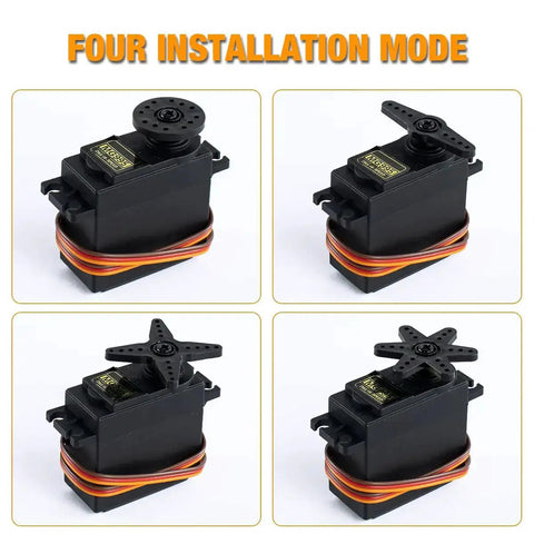 MG995 Digital RC Servo Motors Set Four Pack With Metal Gears shown in four installation modes.