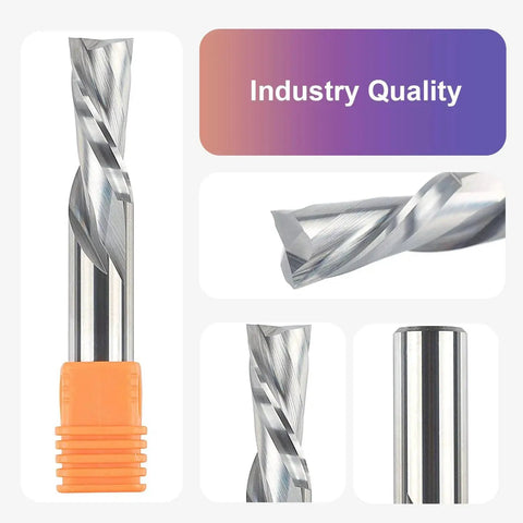 Downcut Spiral Router Bit For Wood Carving One Half Inch Shank One Half Inch Cutting Diameter Solid Carbide CNC End Mill For Plunge Cuts One And A Quarter Inch Cutting Length Three Inch Total Length Fits One Half Inch Collets SpeTool, showing multiple views of the bit with industry quality.