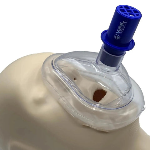 Close-up of AED Practice Trainer Bundle WL120ES10 Bundle Essentials Base with Practi-Valve CPR training valve on a mannequin head.
