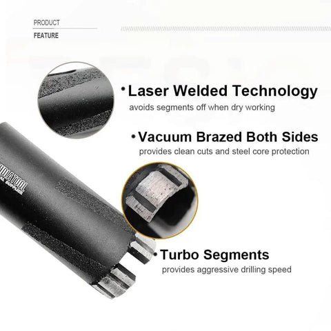 Diamond Core Drill Bit Set For Granite Marble And Concrete Pro Grade showing laser welded, vacuum brazed turbo segments