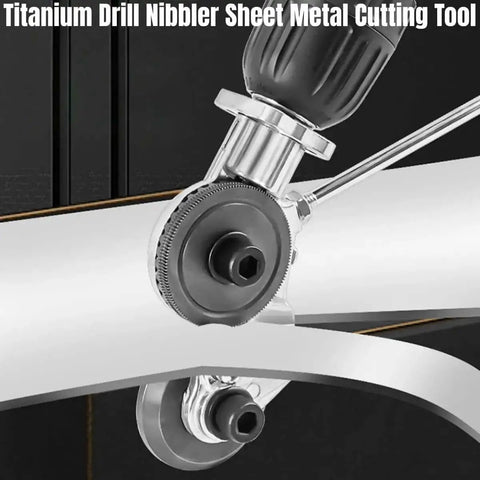 High-Power Drill Nibbler for Sheet Metal Cutting, titanium-plated head shown cutting metal, attached to a drill, burr-free edges