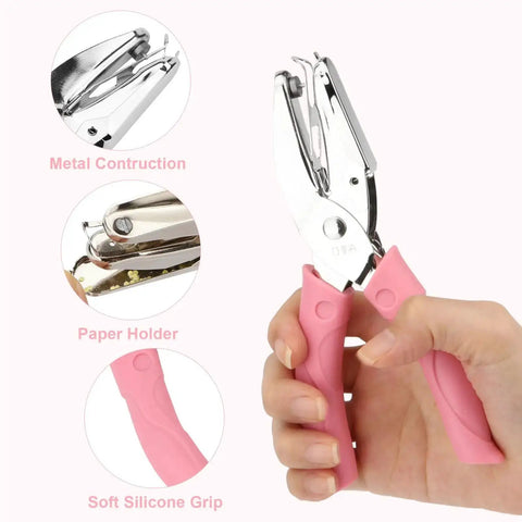 Handheld 1/16 Inch Circle Hole Puncher With Soft Grip Sturdy Metal Small Circle Punch for tags and crafts, cushioned pink handle