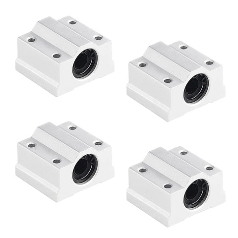 Four white aluminum linear motion guide blocks for 8mm shafts with SCS8UU bearings and SK8 rail supports