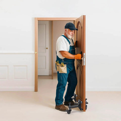 Worker using Heavy Duty Door Lifter Kit With Rolling Door Dolly Wheels For Pre Hung Doors Up To 800 Lb Pro Grade Go To Install Tools