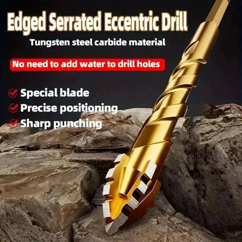 8-Piece Hardened Alloy Drill Bit Set With Four-Flute Core Design And Sharp Landing Tip for drilling into rock surface.