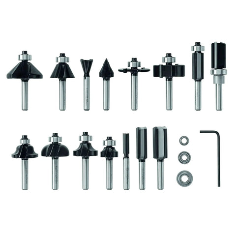 15 Piece Micrograin Carbide Tipped Wood Router Bit Set Universally Compatible For DIYers Finishing And Shaping Soft And Hard Woods And Wood Composites Bosch RBS015MBS