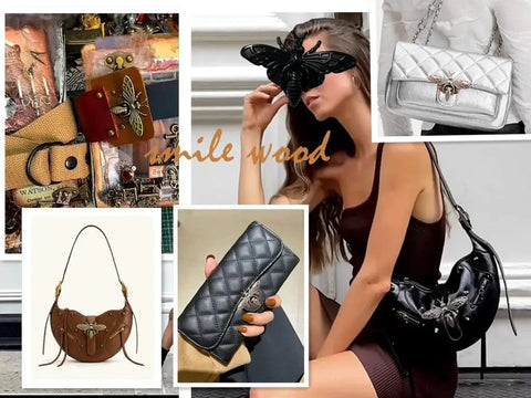 Collage displaying Bee Shaped Turn Lock Clasp Set for Purses and Handbags, 5 Pack Includes Daisy Keychain, attached to various bags.