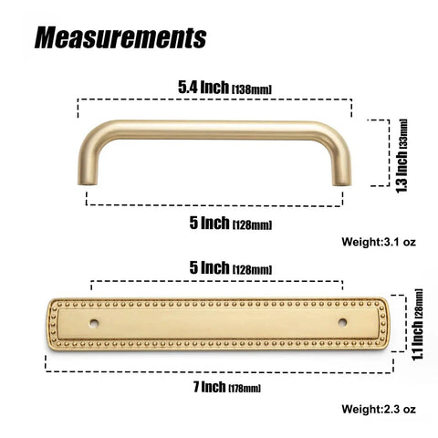 Champagne Bronze Cabinet Pulls With Bead Edge Backplates, 5 Inch Hole Centers, Solid Zinc Alloy Construction dimensions chart