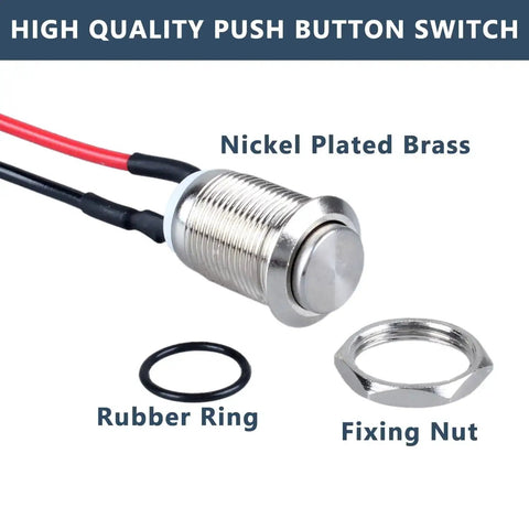 Two Pack 12mm Momentary Metal Waterproof Push Button Switch With Raised Head Half Inch Mounting Hole Pre Soldered Cable 250V 2A 1NO Built For Rugged Use For DIYers Outdoor Installations showing switch, rubber ring, and fixing nut.