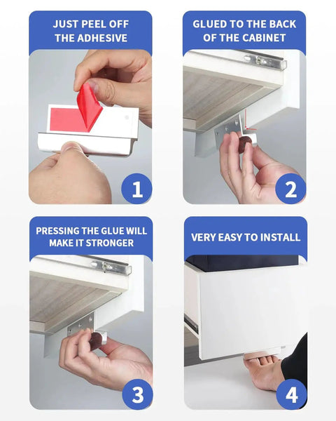 Installation steps for Adhesive Touchless Foot Pulls For Cabinet Trash Cans, showing peel-off adhesive, attachment, pressing, and application.