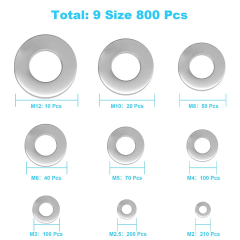 Flat washer set, 304 stainless steel, nine sizes totaling 800 pcs (M2–M12)