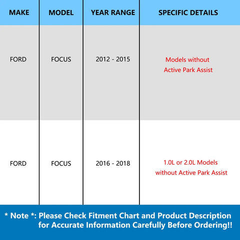 Compatibility chart for Pair Rear Wheel Bearing And Hub Assemblies For Ford Focus 2012 2013 2014 2015 2016 2017 2018 Without Active Park Assist