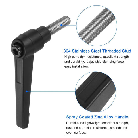 Close-up of 2 Pcs Clamping Lever Handles M8 20mm 304 Stainless Steel Threaded Male Stud Adjustable Locking Quick Release Ratchet