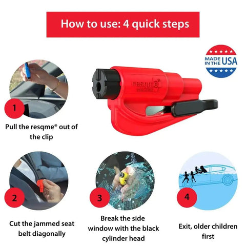 Usage steps for Pack Of 2 Emergency Car Escape Tools With 2 In 1 Seatbelt Cutter And Window Breaker Pink Keychain Hammer Made In USA For Rollover Entrapment Flood Fire Sinking Car Safety On The Go