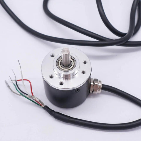 Incremental Rotary Encoder 600PPR Optical AB Two-Phase Quadrature Output, 6mm shaft, shown with wiring and cables.