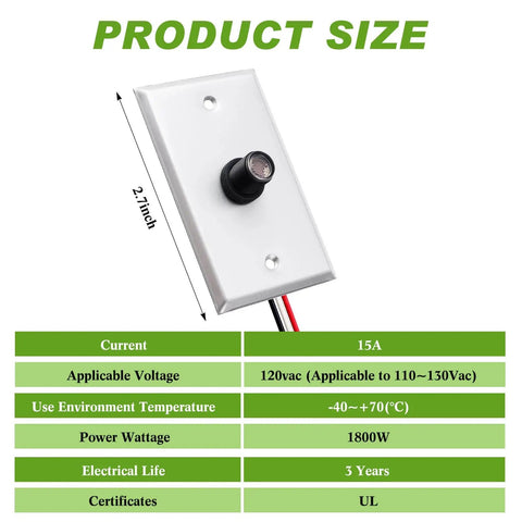 Two Pack Photocell Sensor Kit for Outdoor Lights With Wall Plate, product specifications with dimensions and electrical ratings.