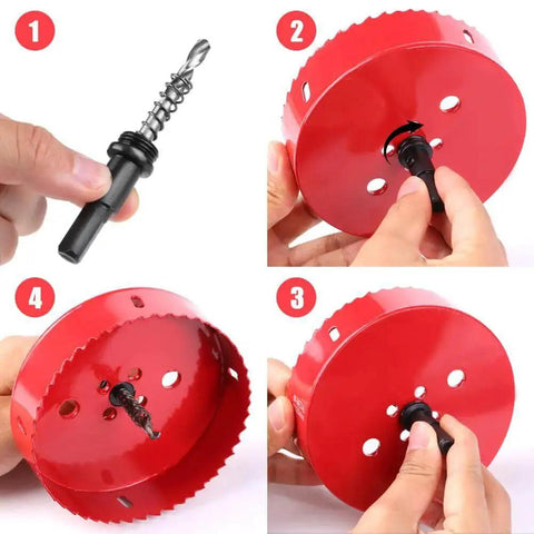 4 Inch Bi Metal Hole Saw Kit With M42 HSS Teeth And Triangular Shank Spring Loaded Cutter For Wood Plywood Plastic Gypsum Board And Thin Metal Sheets Built Tough For Fast Clean Holes, showing assembly steps with red saw and black shank.