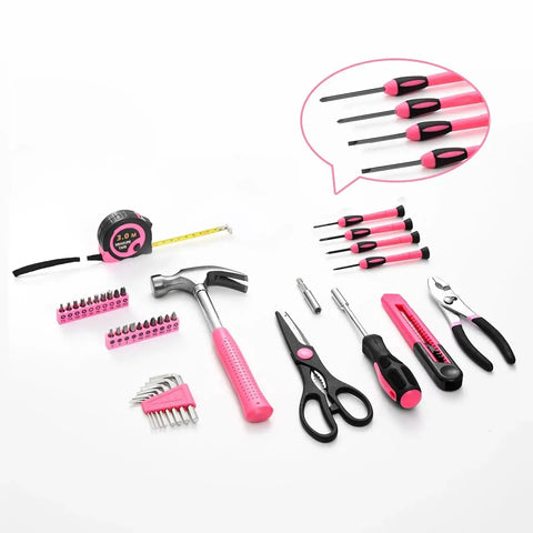 Pink 39 Piece Hand Tool Set For Women With Plastic Storage Box All Purpose Household Tool Kit For Home Garage Office Dorm Beginner Friendly Easy Grip Tools For Quick Fixes displayed on white background.
