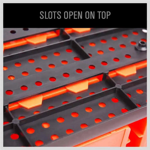 Close-up of pegboard panel slots on 30 Bin Wall Mounted Storage Rack System for Heavy Duty Garage Organization