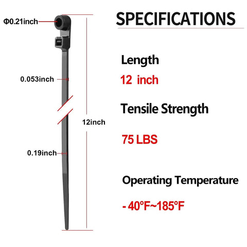 Heavy Duty Black Zip Ties With Screw Hole Mounting 12 Inch 75 Lbs Tensile Strength details and specifications displayed.