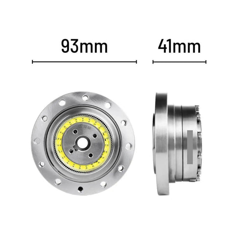 Front and side view of Harmonic Drive CSF20II strain wave gear reducer, showing compact lightweight design with 93mm and 41mm dimensions.