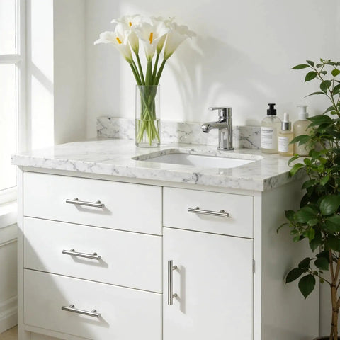 Bathroom vanity with Six Pack Three Inch Hole Center Brushed Nickel T Bar Cabinet Pulls on white drawers and marble countertop.