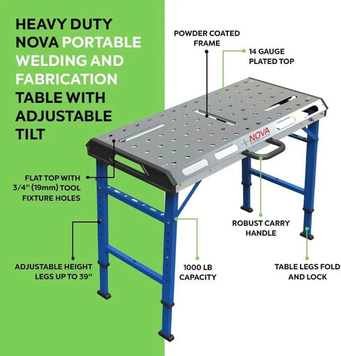 Beefy Heavy Duty Welding Table With Folding Legs For Serious Welders, Flat Top With 5/8 Inch Holes Every 2 Inches, 14 Gauge Powder Coated Steel, Adjustable Height From 27.7 To 39 Inches, Durable Workstation