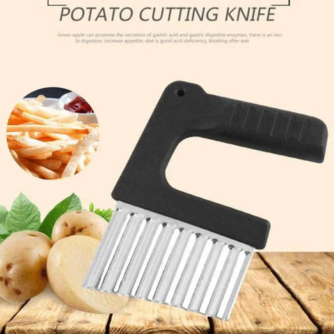 Crinkle Cutter For Veggies With Wave Blade, Stainless Steel French Fry Slicer With Handy Grip Handle, black ergonomic design