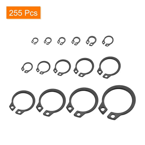 External Retaining Ring Kit, 255 Pcs in 15 Sizes, 65Mn Carbon Steel Circlips, shown in assortment of different sizes