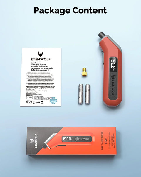 ETENWOLF T300 Plus digital tire pressure gauge, orange body with LED display, includes Presta adaptor and batteries