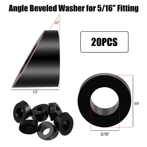 Afcabakila 20-pack black 5/16 in ID angle beveled washers for cable railing ends; stainless steel, 30° bevel.