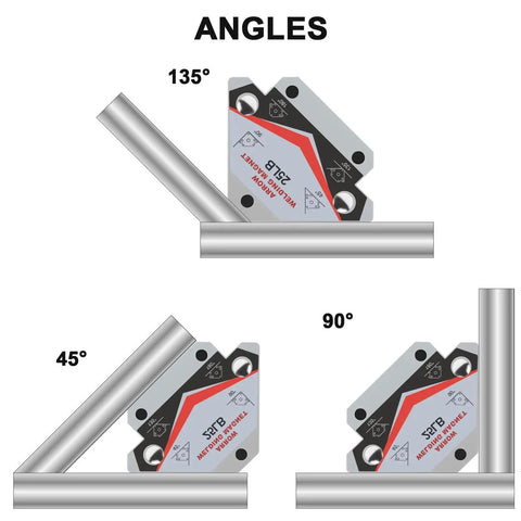 Heavy Duty 25 Pound Welding Magnets Four Pack With Arrow Shaped Hold For Precise Angles In Metal Fabrication And Welding Magnetic Angle Guide Clamps For Positioning And Alignment By GUTIMORE, shown at 45, 90, and 135 degrees