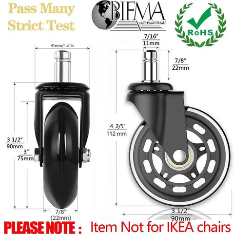 Diagram of 3 Inch Office Chair Wheels Set for Quiet Smooth Rolling, showing dimensions; not compatible with IKEA chairs.