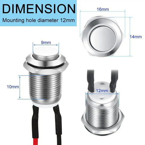 Dimensions of Three Pack 12mm Prewired High Head Waterproof Latching Push Button Switch Self Locking Stainless Steel
