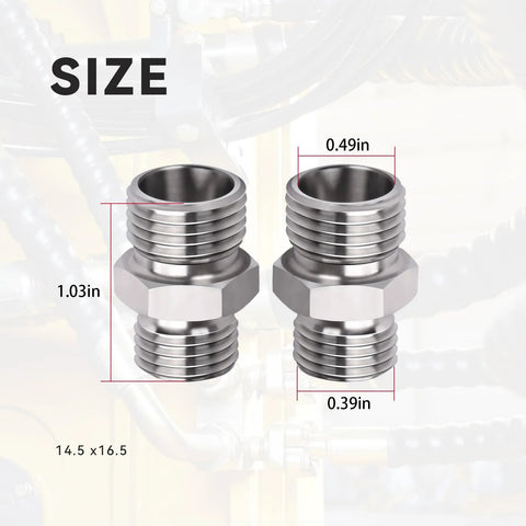 Two stainless steel excavator hydraulic hose thread connectors with hex nuts, 2-pc set for mini excavator attachments