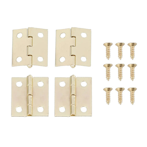 Four gold small hinges set with screws for crafting and decorative boxes, metal hinges, durable golden yellow finish.