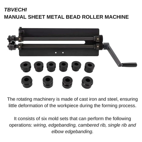 Heavy Duty Pro Sheet Metal Bead Roller With Six Dies Rotary Machine For Auto Panels Includes 1/16 Inch 1/8 Inch 1/4 Inch 3/8 Inch 1/2 Inch Step Dies And Bead Base Carbon Steel Built To Last With Durable Coating For Long Lasting Panel Reinforcement, shown with crank and dies.
