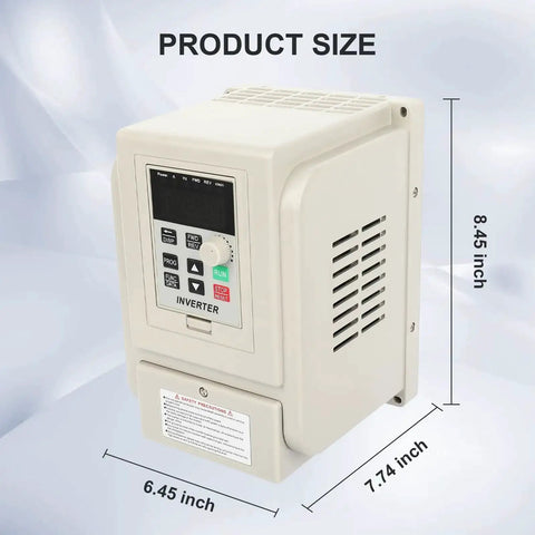 Beefy 220V VFD Inverter for Motor Speed Control 50 or 60 Hz, size 6.45 x 7.74 x 8.45 inches, beige casing, front view