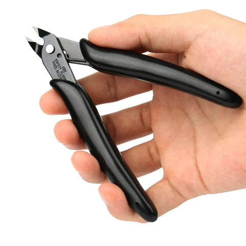 Person holding Flush Cut Micro Wire Cutter 2 Pack for Jewelry Making Electronics Beading Wire Zip Ties and Model Building 5 Inch Nippers With Long Cutting Jaws for Clean Flush Cuts Tight Pro By BOENFU BF 170